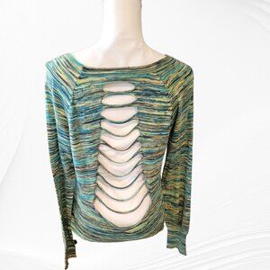 BCBGMaxAzria Cut Out Back Multi Striped Long Sleeve Top in Size Medium